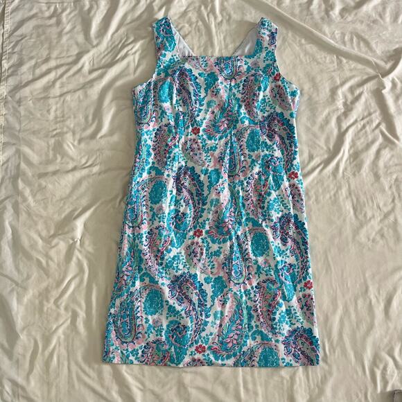 Talbots Sleeveless Blue Pink Fresco Paisley Sheath Dress Wmns 14 Preppy Coastal - Picture 3 of 10